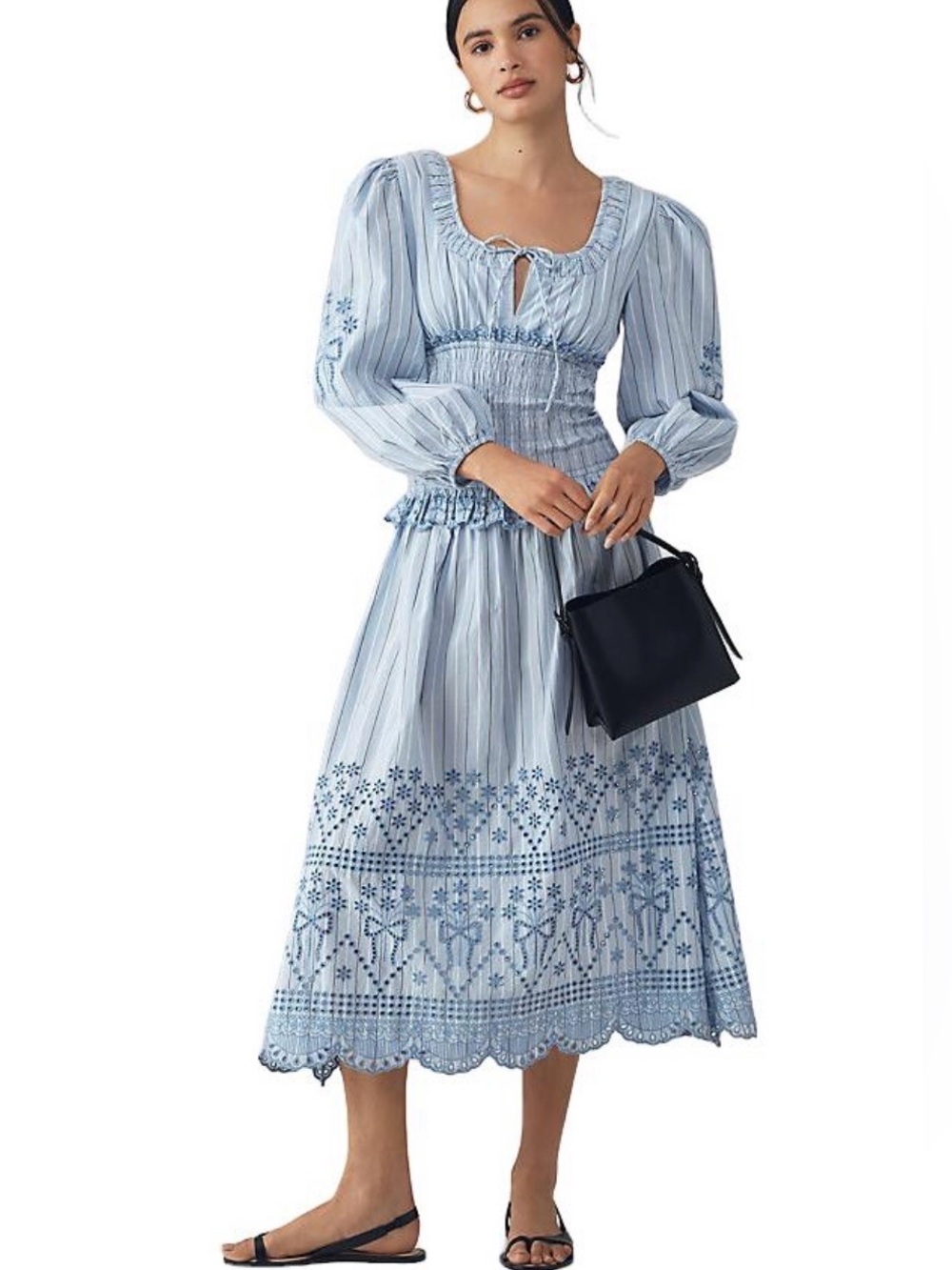 Smocked Waist Blue Embroidered Midi Dress